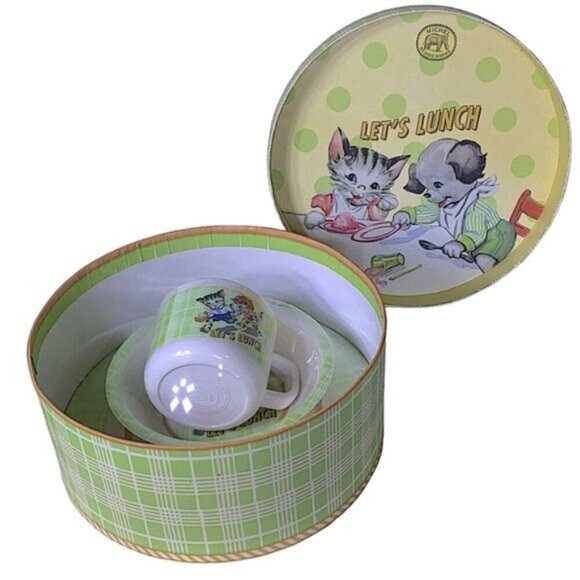 Michel Design Works Baby’s First Plate Set Feeding Boxed Plaid Set Green White - Picture 16 of 16